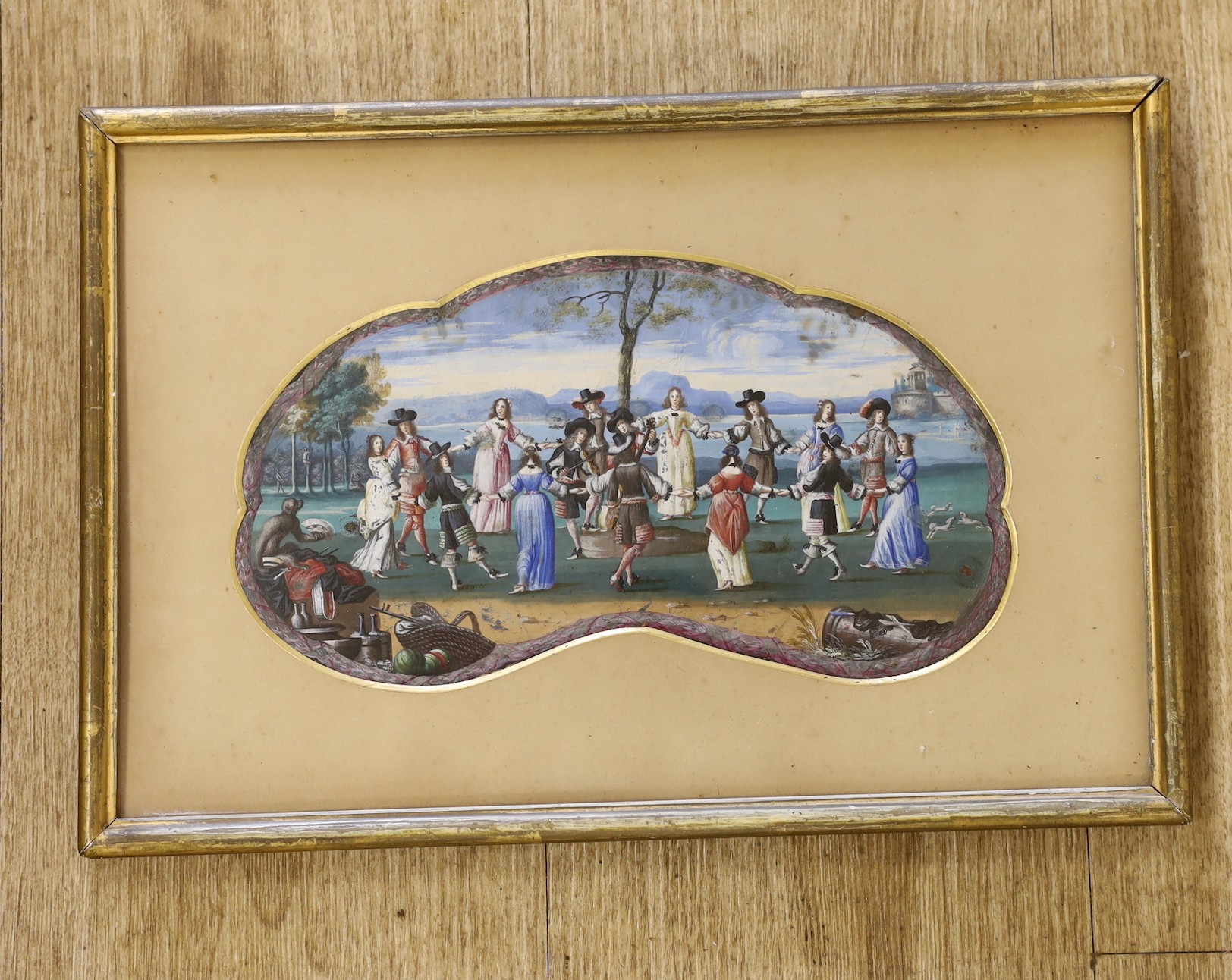Early 18th century Flemish School, gouache, Figures dancing in a coastal landscape, cartouche - Image 2 of 2