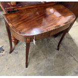 A George III banded mahogany D shaped folding card table, width 89cm, depth 43cm, height 73cm