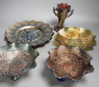 A group of four American Carnival glass dishes and a two handled vase (5), largest dish 28cms