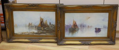 English School c.1900, pair of oils on card, Ethereal shipping scenes, 30 x 50cm