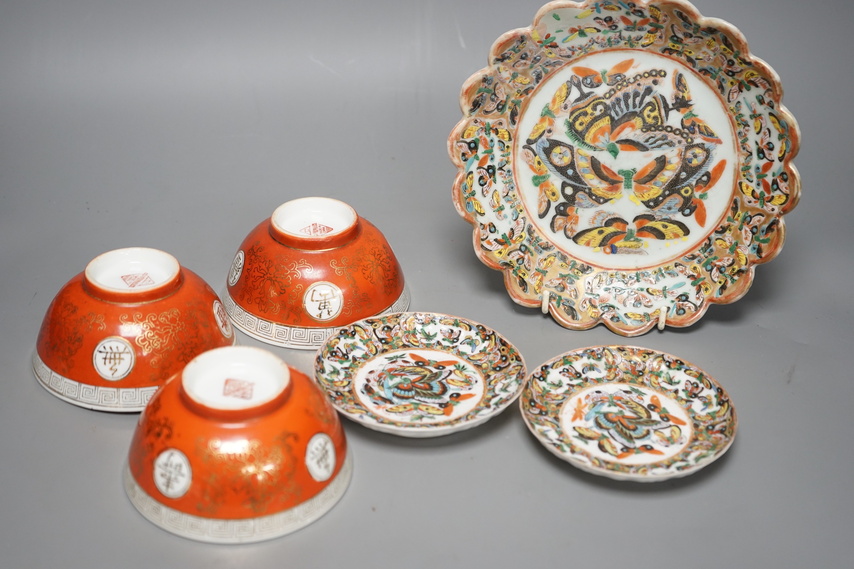 A Chinese 'thousand butterfly' dish and two saucers, early 20th century and three later Chinese - Image 2 of 4