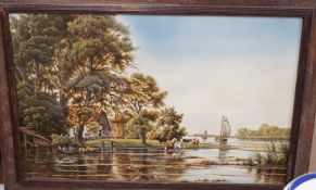 A framed continental ceramic plaque of a figurative country farm river scene, signed, 55cms wide x