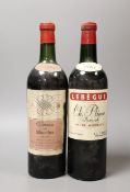 Two bottles of 1961 vintage wine, Chateau Plince Lebegue Pomerol and Chateau De Mouchet Graves.