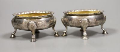 A near pair of mid 18th century silver salts, London 1746 and 1762, 6oz