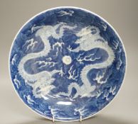 A Chinese blue and white ‘dragon’ dish, 30cm