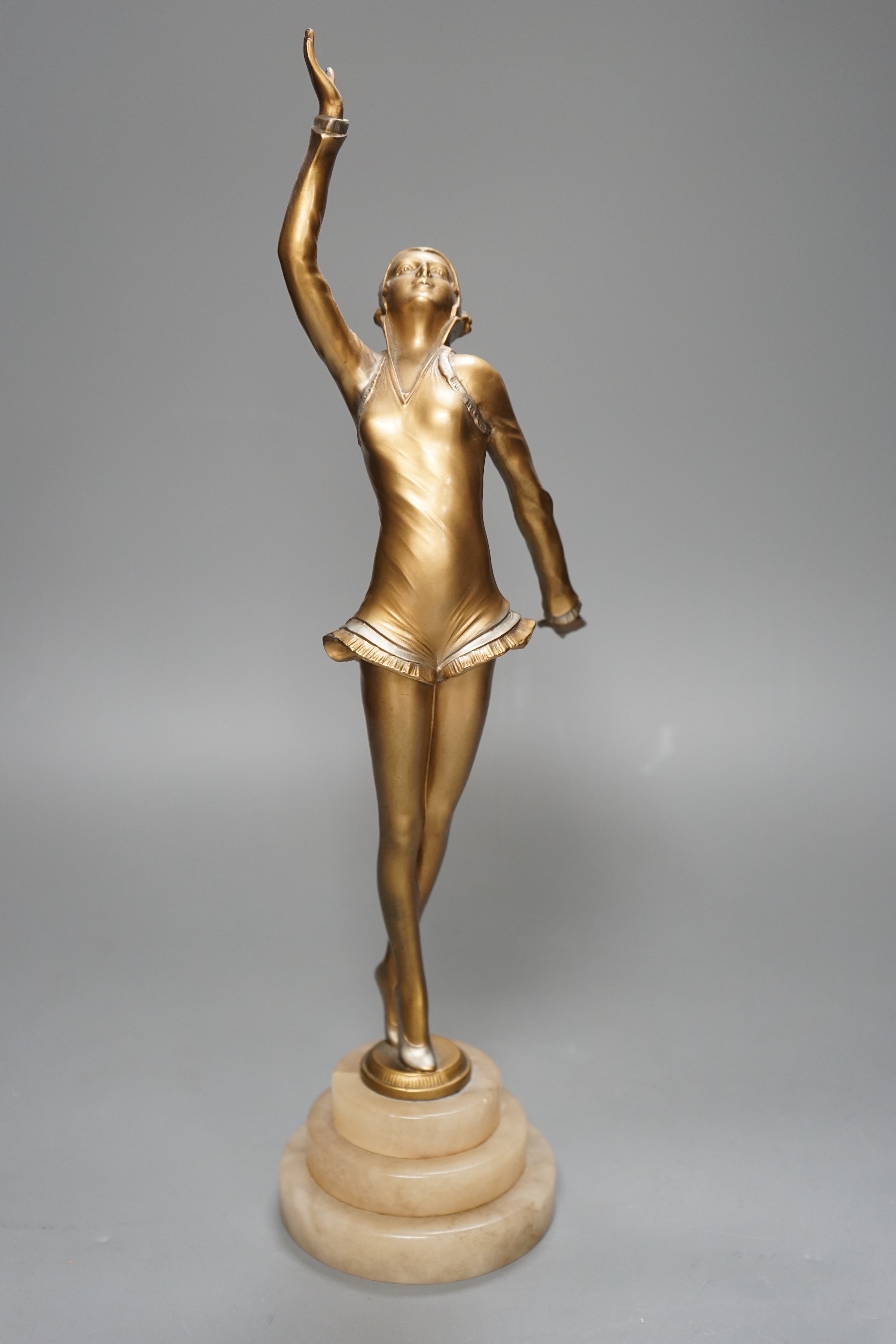 An Art Deco gilt metal model of a dancer on stepped alabaster base, 41cm - Image 2 of 3