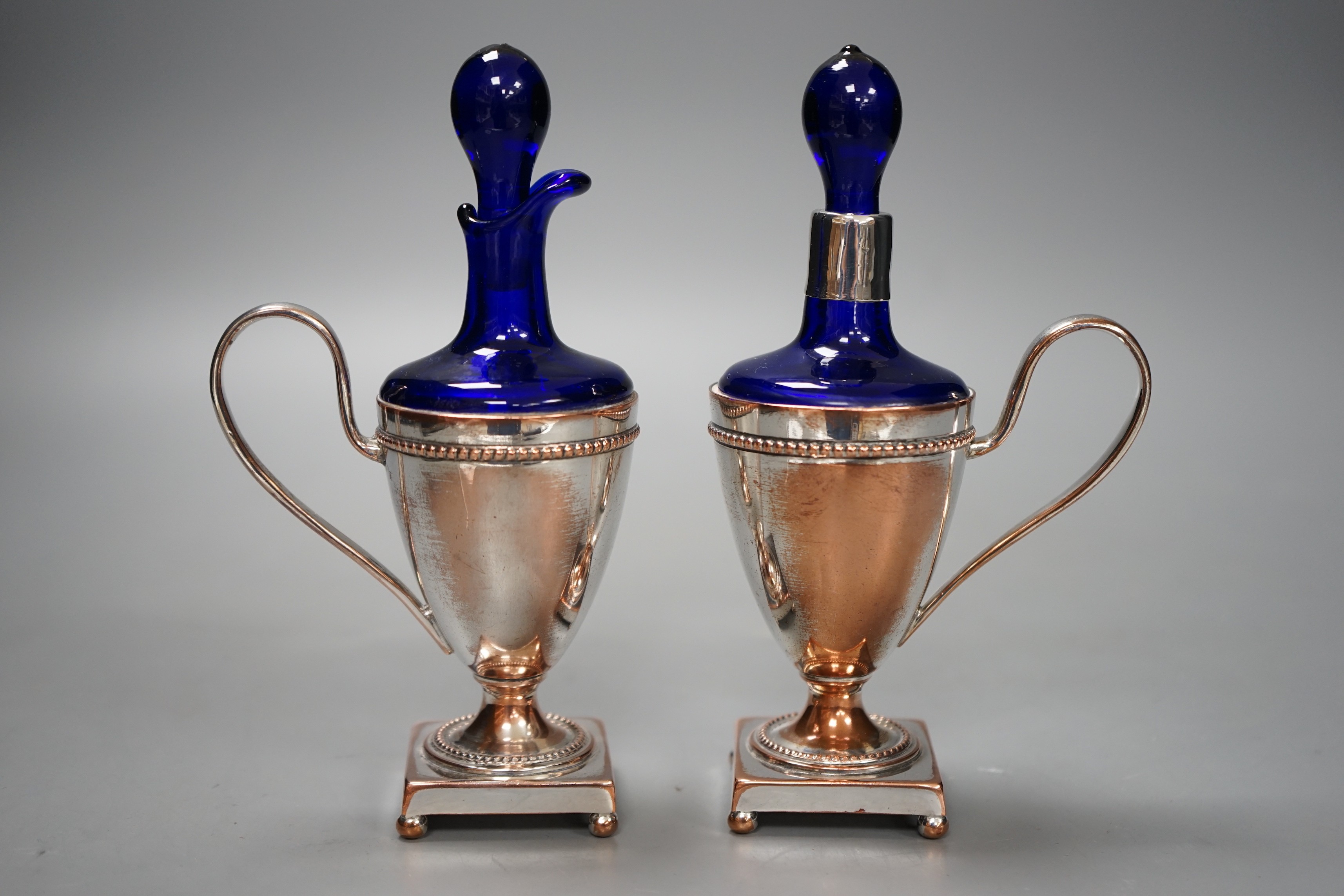 A pair of plate mounted blue glass scents, 16.5cm tall - Image 2 of 4