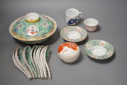 A group of 20th-century Chinese enamelled porcelain spoons, two stands a rice bowl and cover a box
