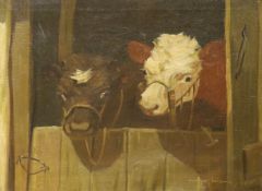 Aage Wang, i.e., Mark Osman Curtis (Danish, 1879-1959), oil on canvas, Two calves looking over a