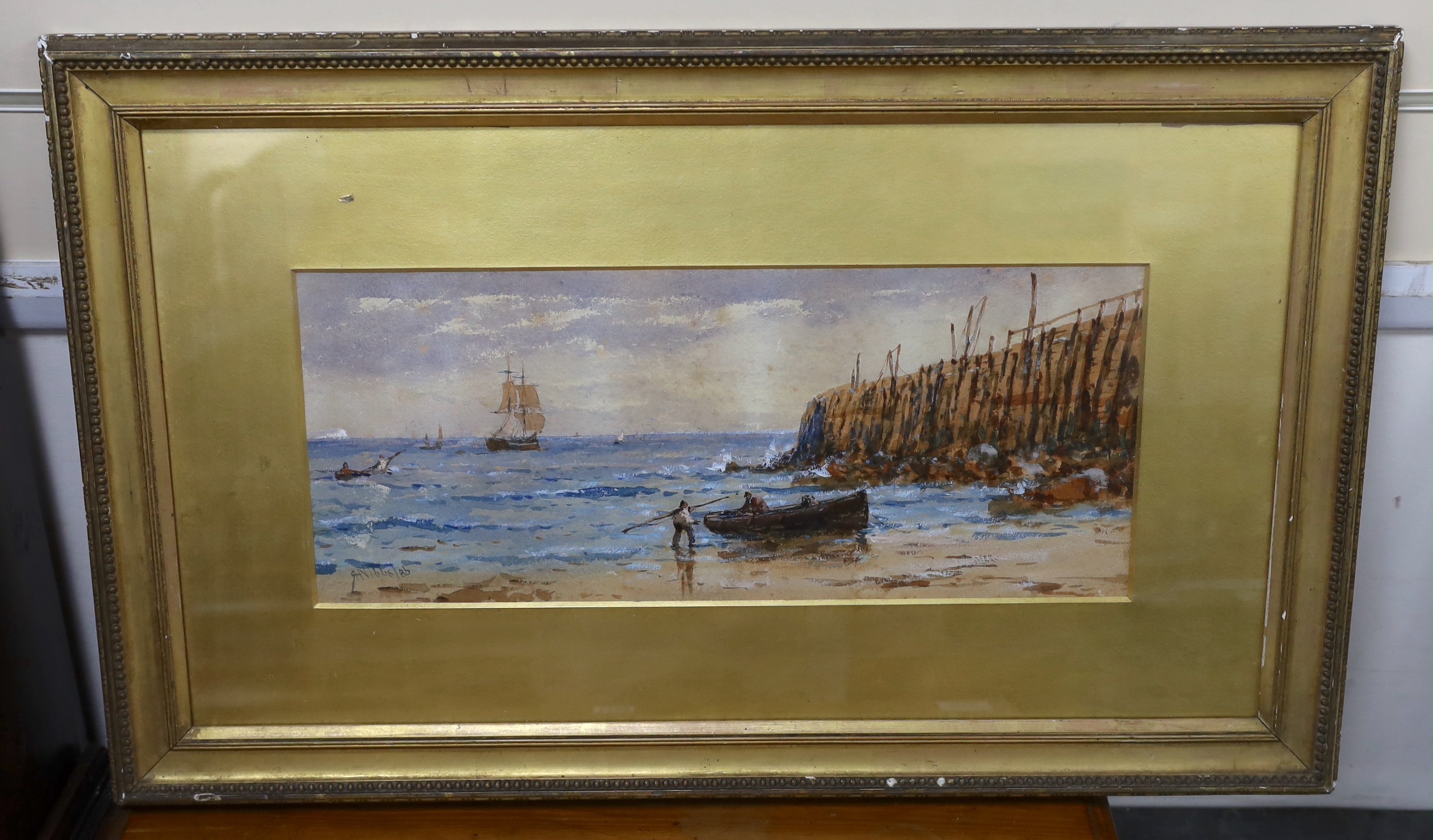 Richard Henry Nibbs (1816-1893), watercolour, Fisherfolk along the coast, signed and dated '86, 20 x - Image 2 of 3