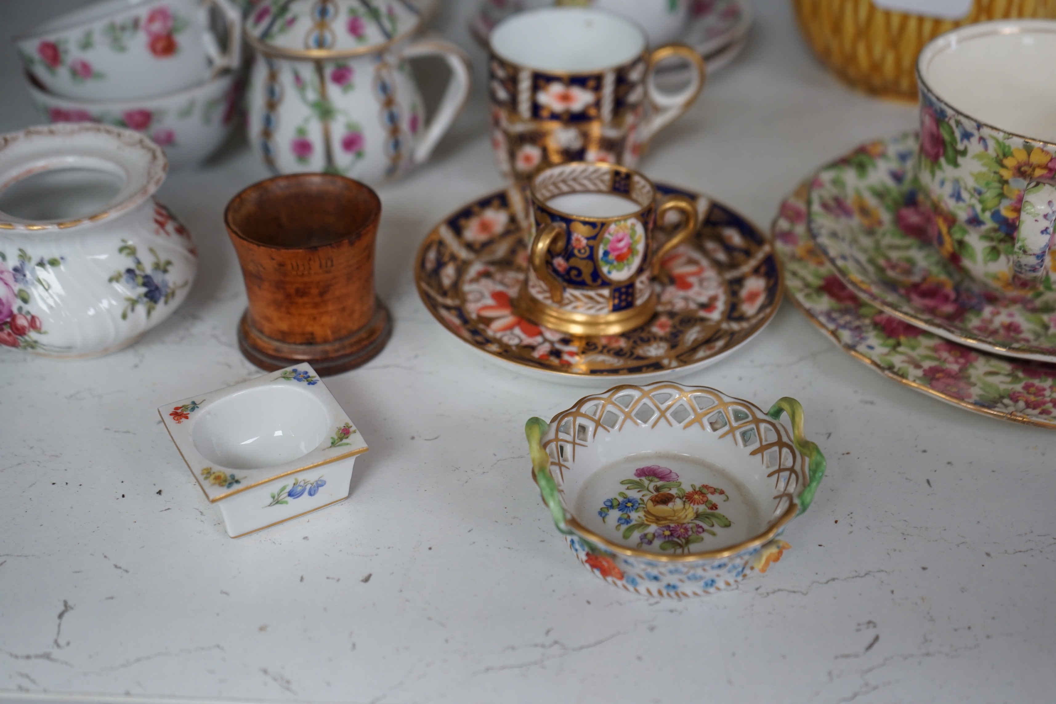 A group of continental porcelain, to include Meissen, Dresden etc. cups, trinkets, jugs, and - Image 2 of 7