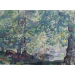 § § Edmund Blampied (1886-1966) 'To Lunch At The Manor'oil on boardsigned and inscribed verso40 x