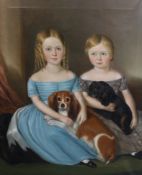 Mid 19th century English School Portrait of two children seated with their King Charles