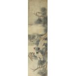 A Chinese scroll painting on paper of cranes perched in a pine tree, 19th century, inscribed upper