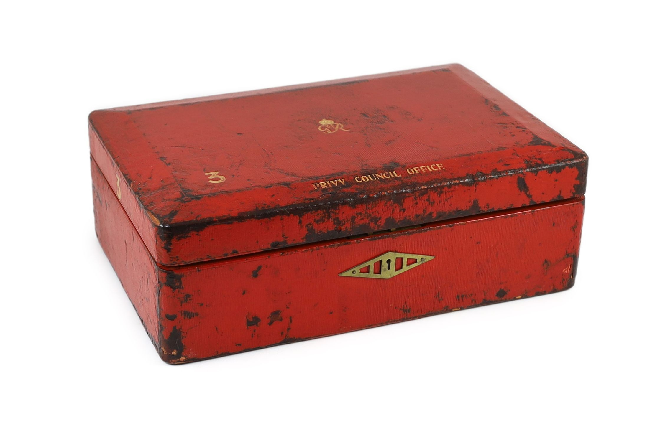 ° ° A George VI red morocco leather government despatch box, embossed in gold with the royal