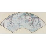 A Chinese painted paper fan leaf, 19th century, painted with ladies in a pavilion garden setting,