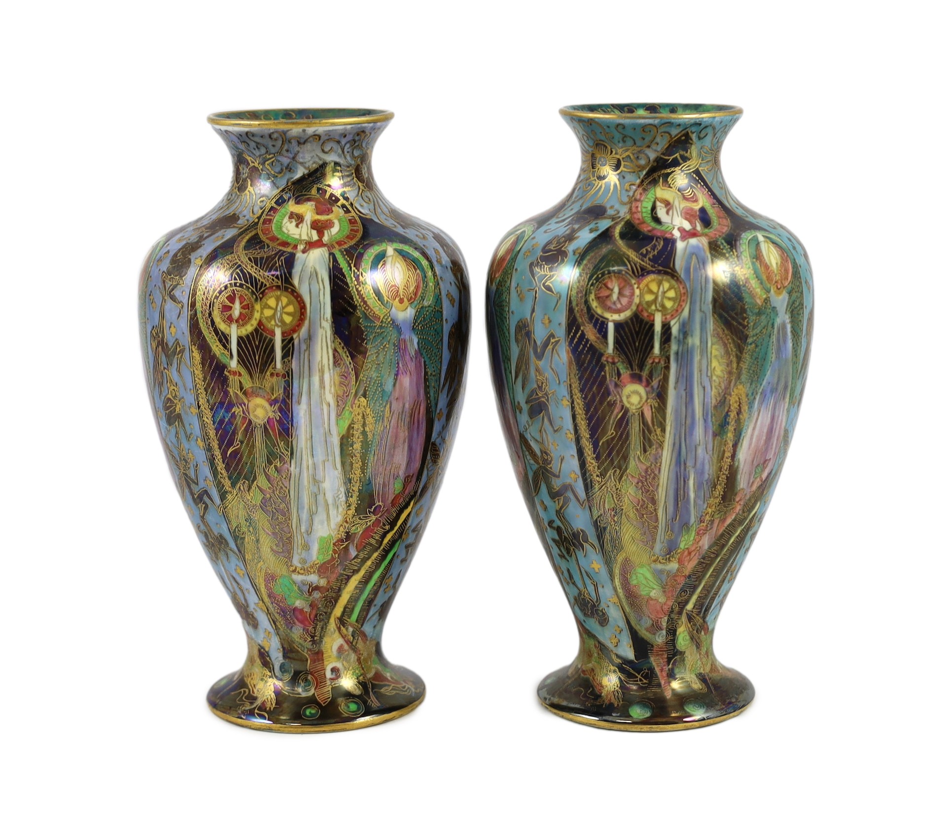 N.B. RESTORATION TO ONE VASE A pair of Wedgwood ’Candlemas’ Fairyland lustre vases,