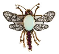 An early 20th century gold and silver, white opal, ruby and diamond set bug brooch, 42mm, gross