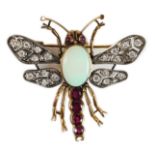 An early 20th century gold and silver, white opal, ruby and diamond set bug brooch, 42mm, gross