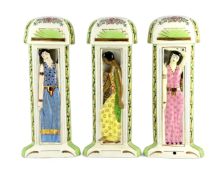 Three Limoges for Maison Duchaussy Art Deco ceramic 'Three Continents' perfume burners, one with