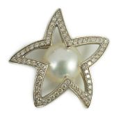 A modern Australian Kailis 18k white gold, single stone South Sea pearl and diamond chip cluster set