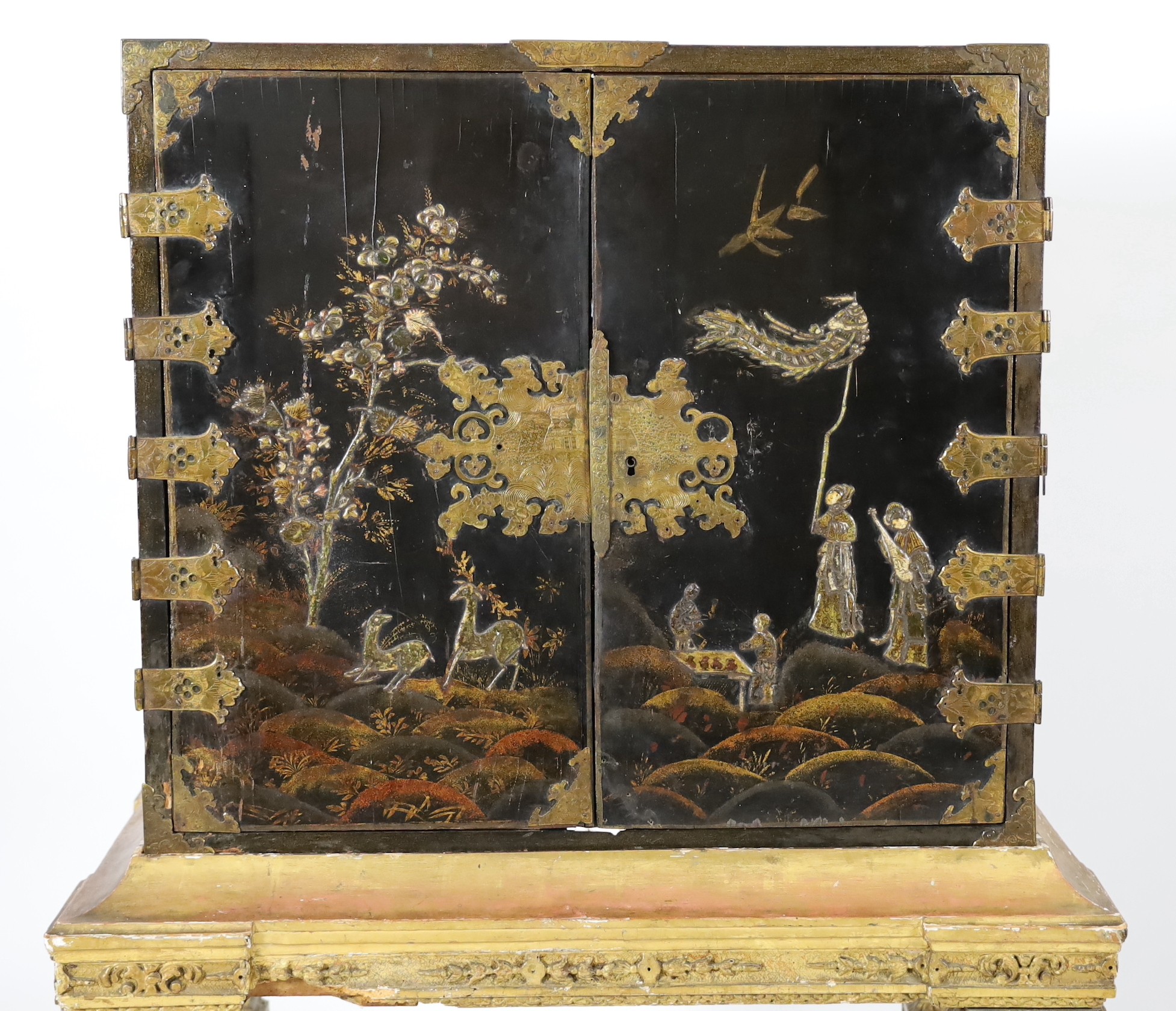 A William & Mary black japanned cabinet on stand, the two door cabinet with original gilt brass - Image 2 of 8