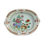 A Chinese famille rose oval two handled basket, Qianlong period, the interior painted with