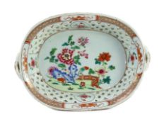 A Chinese famille rose oval two handled basket, Qianlong period, the interior painted with