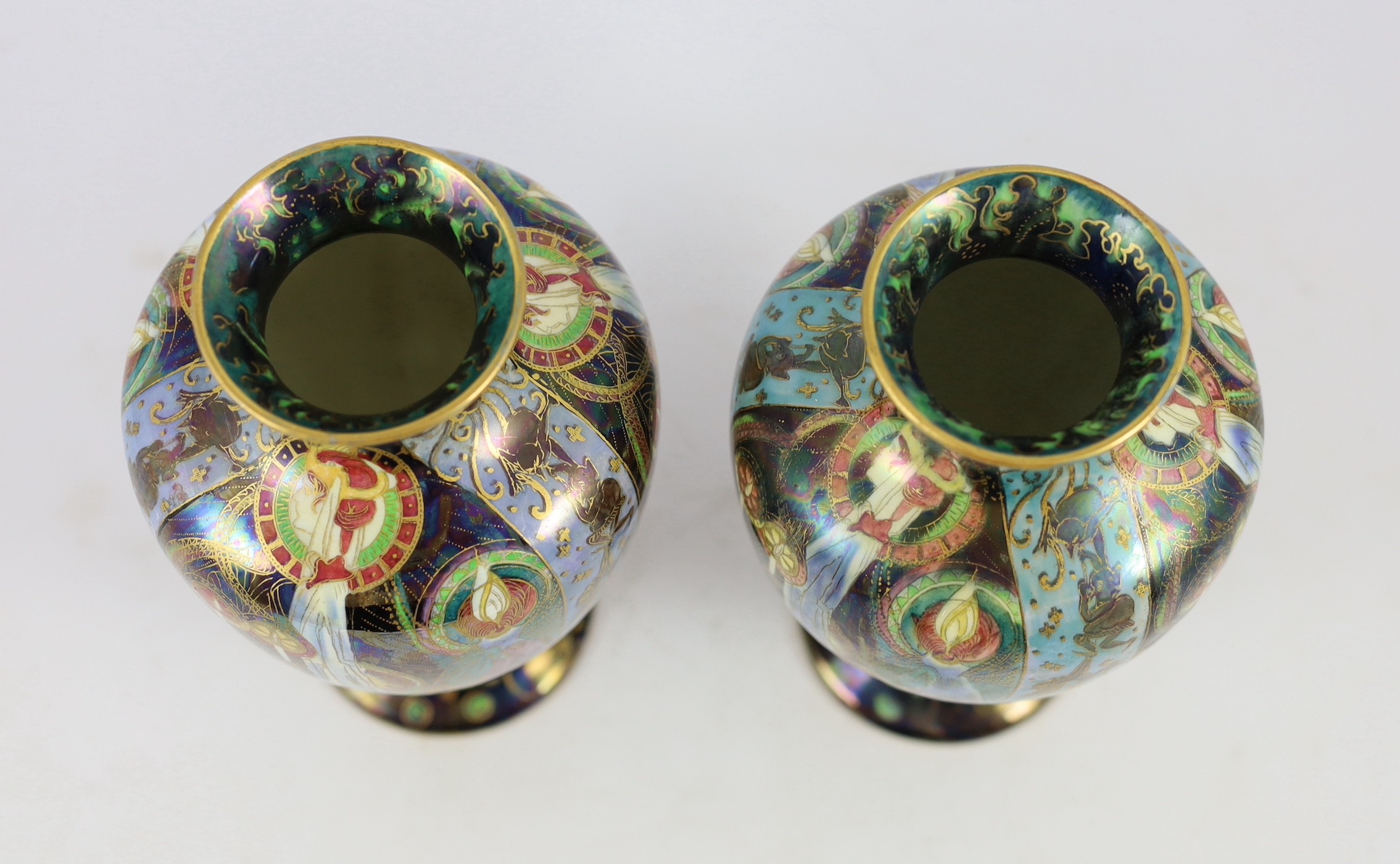 N.B. RESTORATION TO ONE VASE A pair of Wedgwood ’Candlemas’ Fairyland lustre vases, - Image 3 of 4