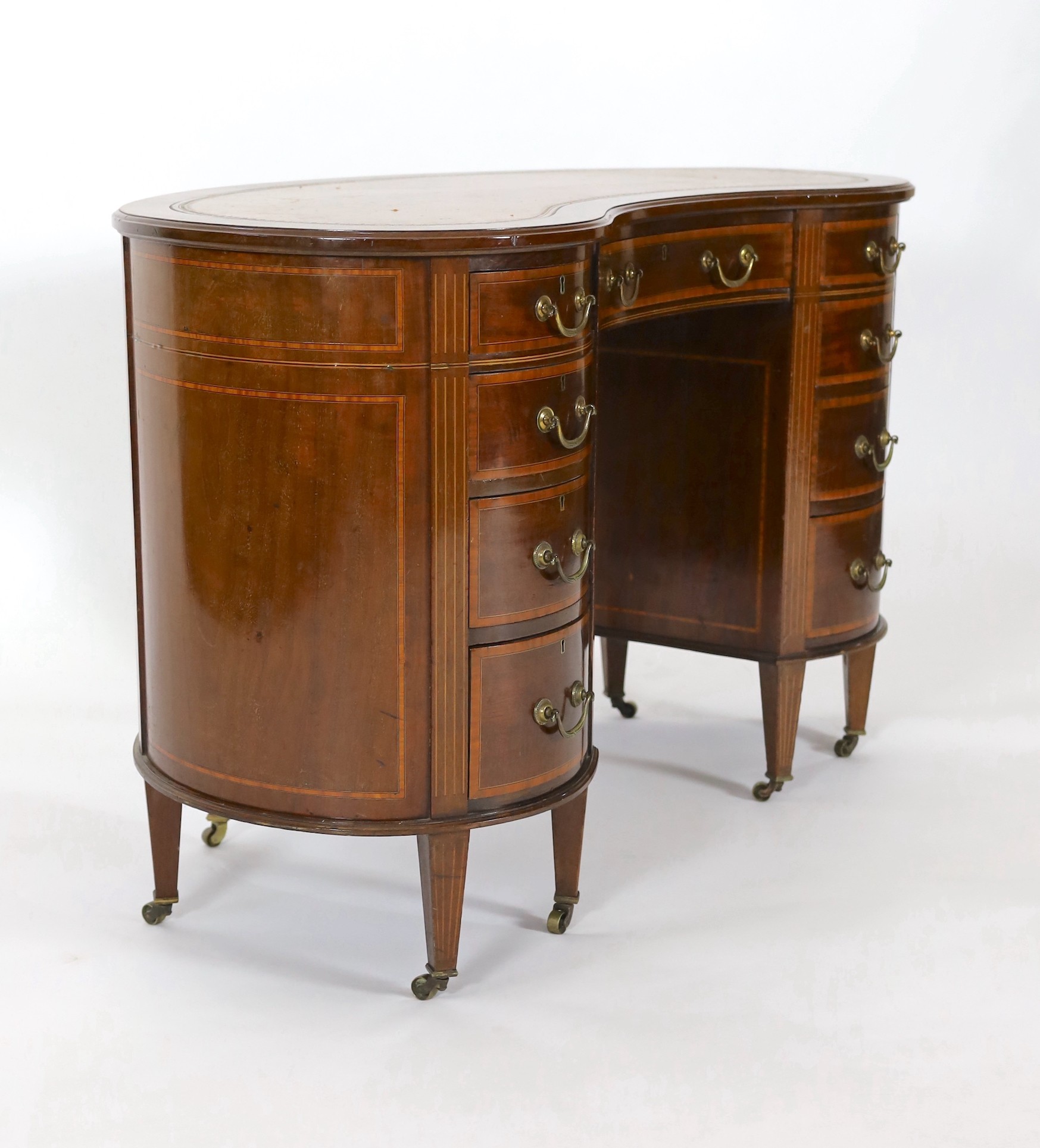 An Edwardian satinwood banded mahogany kidney shaped kneehole desk, with brown skiver and - Image 3 of 5