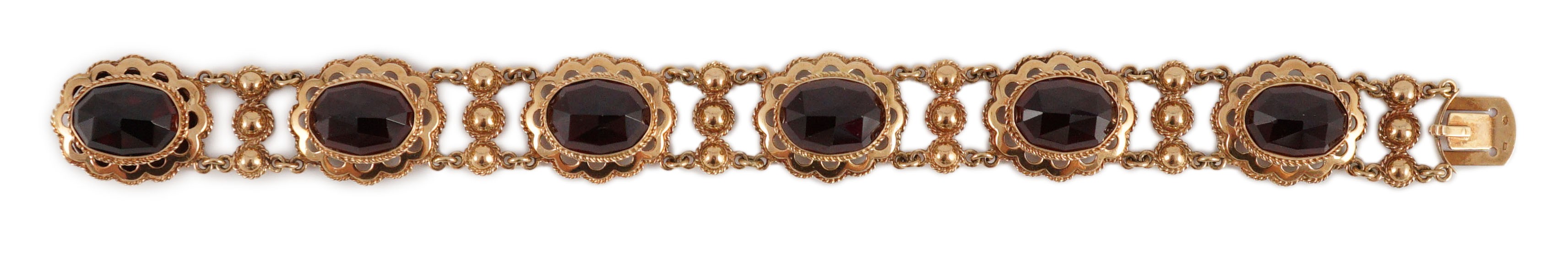 A 20th century Dutch 14k gold and six stone facet cut cabochon garnet set fancy link bracelet, 19cm, - Image 2 of 9