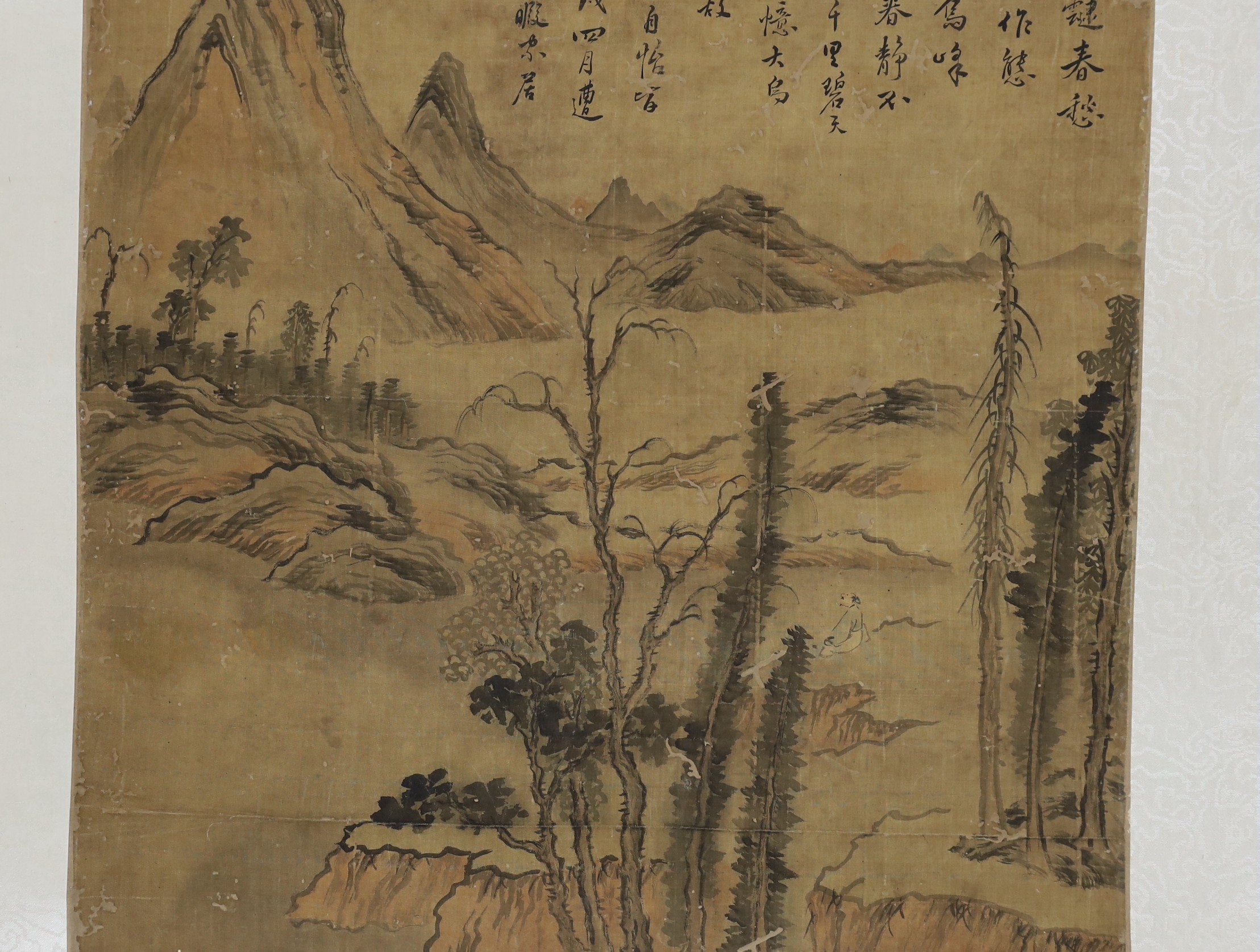 A Chinese scroll painting on silk of a sage in a mountainous river landscape, 18th/19th century, - Image 5 of 6