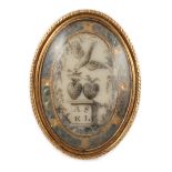 A Regency gold and inset ivory oval memorial ring, depicting initials below hearts and a dove,