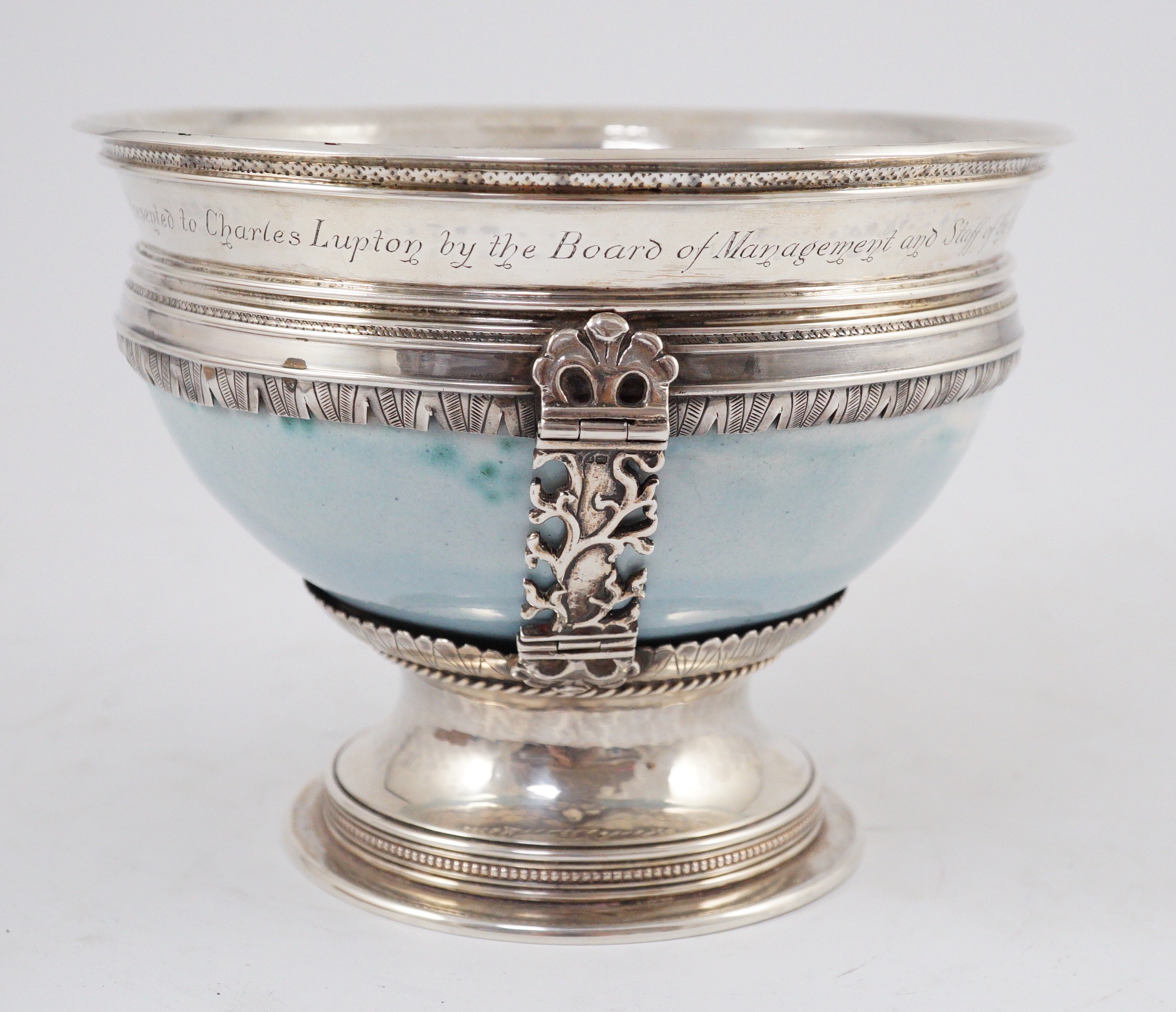 An Arts and Crafts silver mounted Ruskin pottery pedestal bowl, the silver mounts by A.E. Jones, - Image 3 of 10