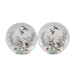 A pair of Chinese enamelled porcelain 'blackbird' dishes, Qianlong seal marks but 19th century, each