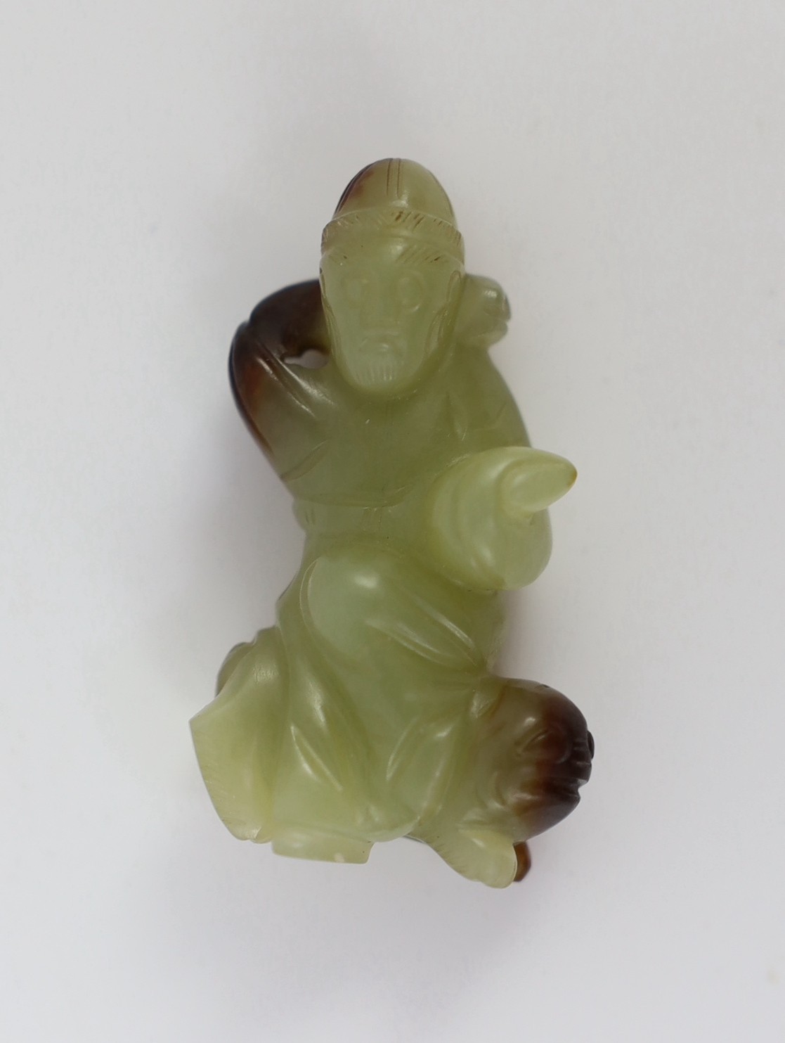 A Chinese yellow and brown jade figure of a man seated on a creature, 19th century, the greenish - Image 4 of 8