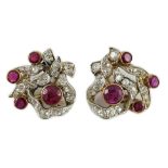 A pair of gold, diamond and ruby cluster set ear clips, 18mm, gross weight 8.4 grams.**CONDITION