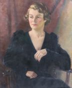 James Sinton Sleator RHA (1889-1950) Half length portrait of a lady wearing a black dressoil on