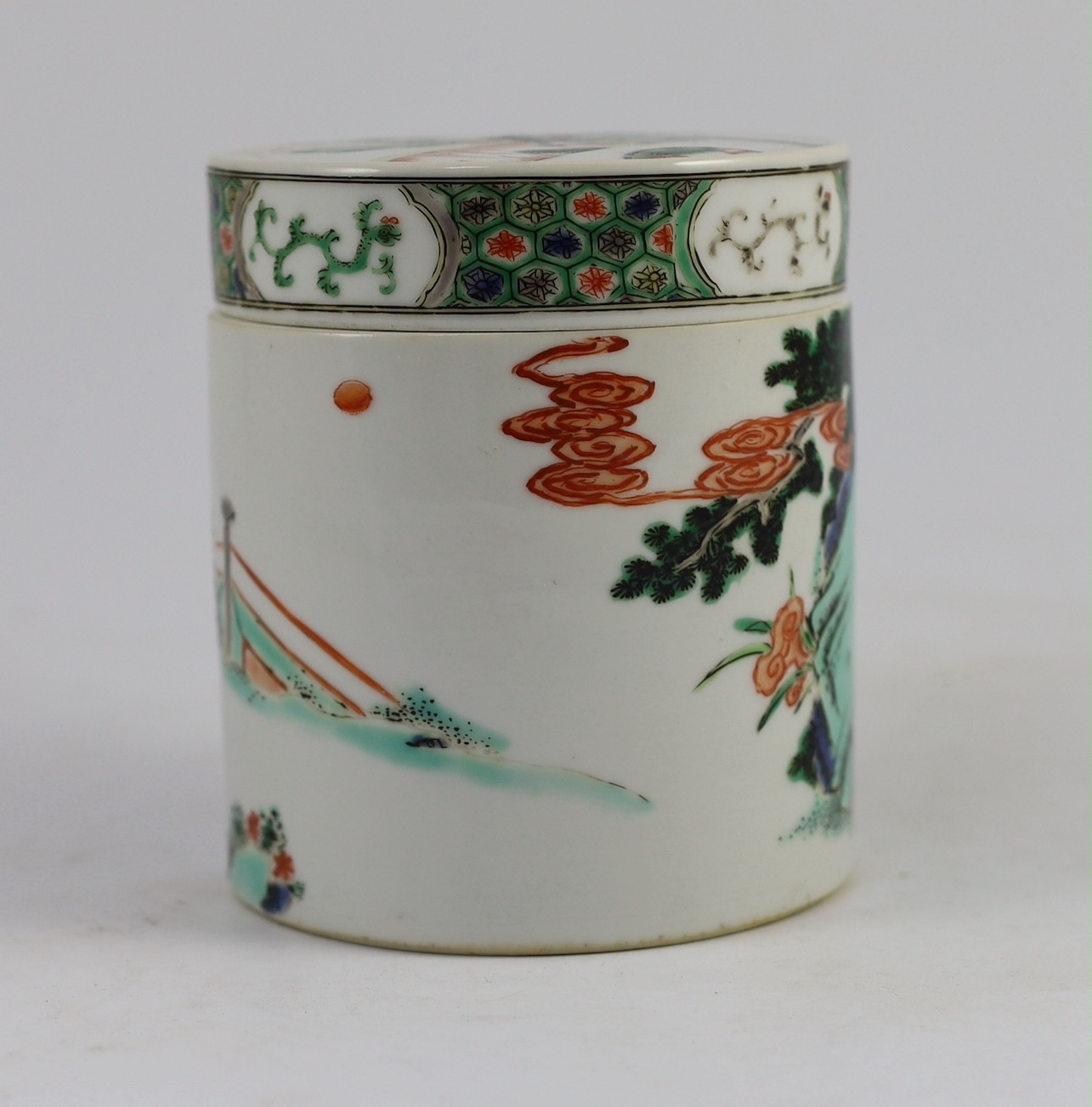 A Chinese famille verte cylindrical jar and cover, 19th century, painted with an emperor and - Image 3 of 6