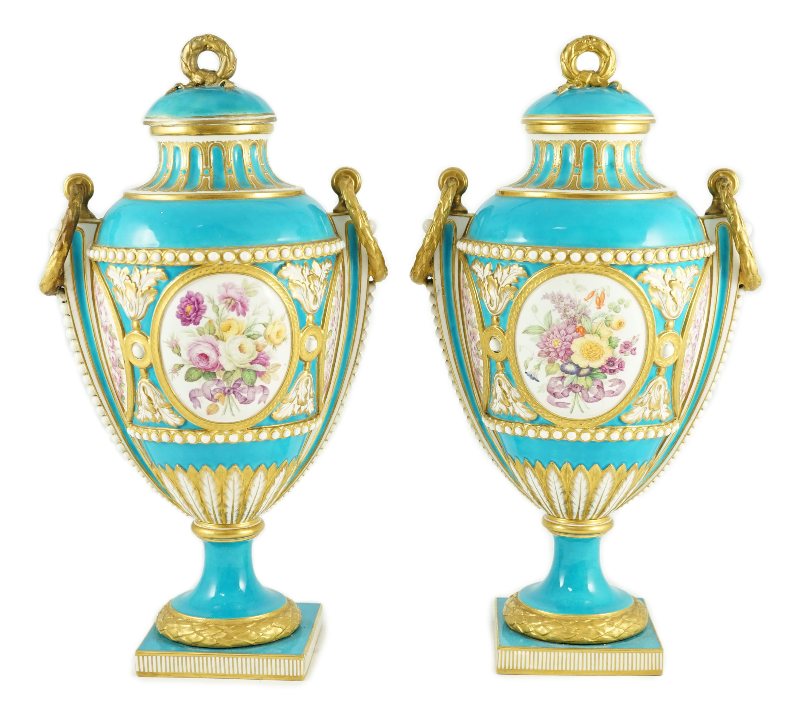 A pair of Minton Sevres style vases and covers, mid 19th century, each finely painted with floral