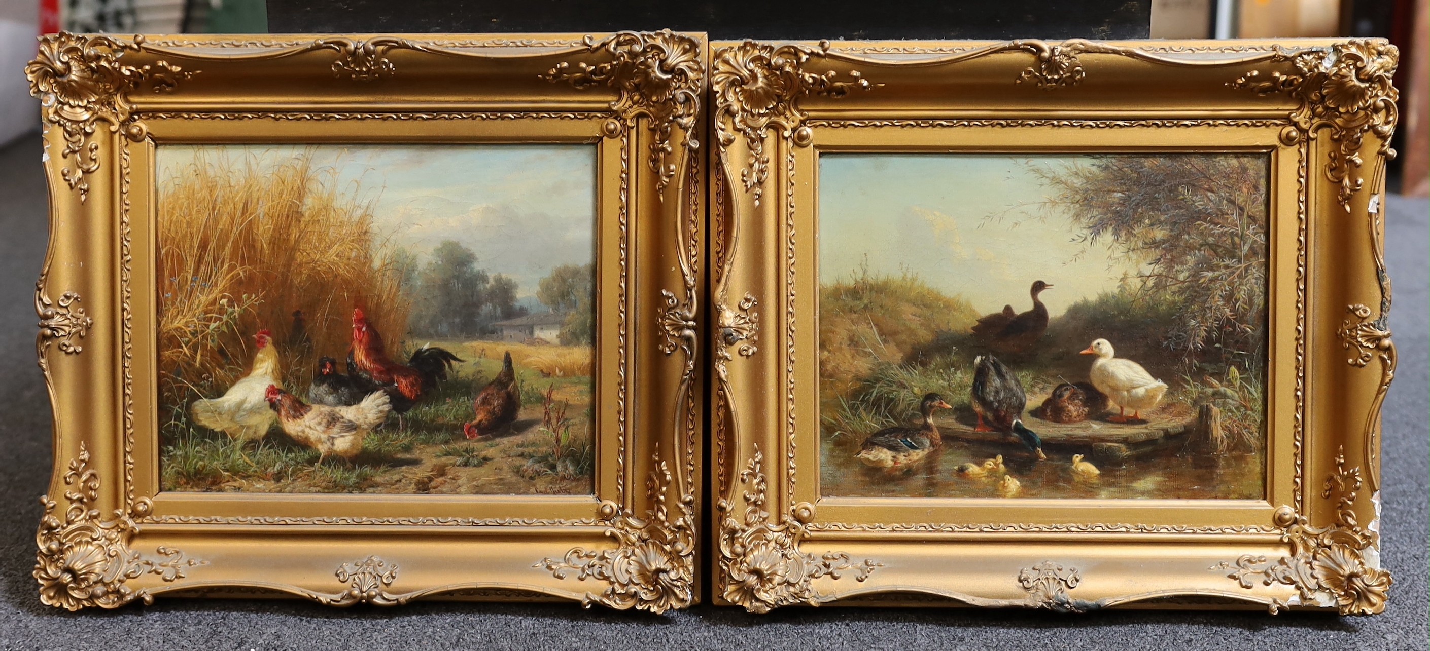 Carl Jutz (German, 1838-1916) Chickens in a field & Ducks beside a streampair of oils on - Bild 2 aus 6