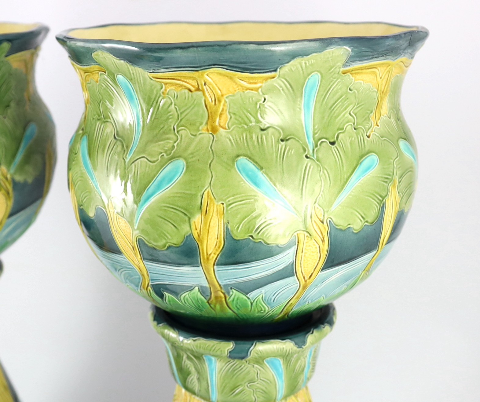 A pair of Burmantofts Art Nouveau faience jardinieres on matching pedestals, c.1900, impressed marks - Image 3 of 14