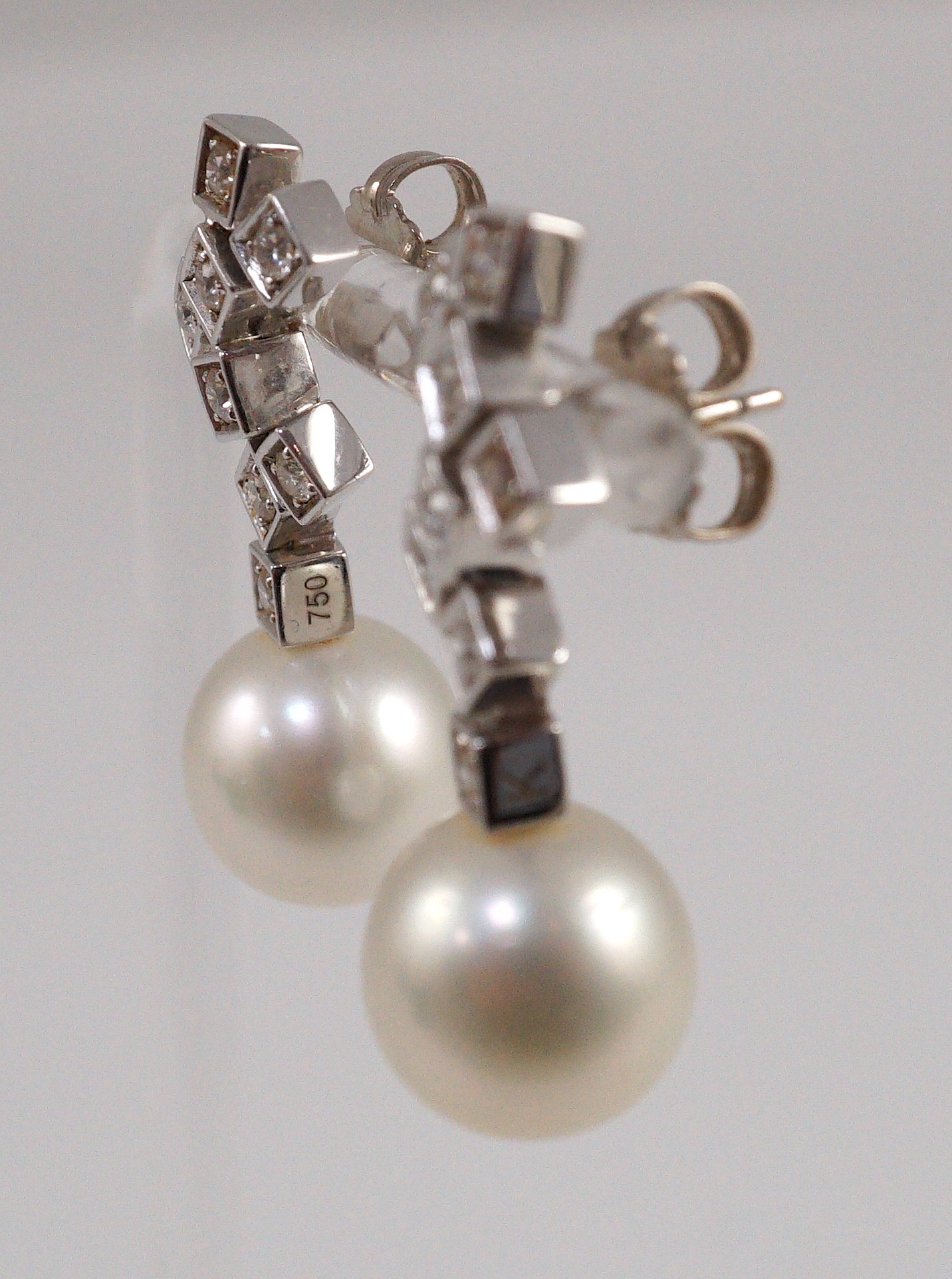 A modern pair of 18ct white gold, single stone South Sea pearl and eight stone diamond cluster set - Image 4 of 5