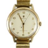 A gentleman's early 1950's 9ct gold Rolex Shock-Resisting manual wind wrist watch, on associated