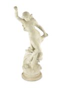 An early 20th century Continental carved white marble figure of a sea nymph riding the waves with