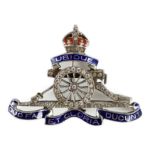 A white gold two colour enamel and diamond chip set Royal Artillery sweethearts brooch, 4cm, gross