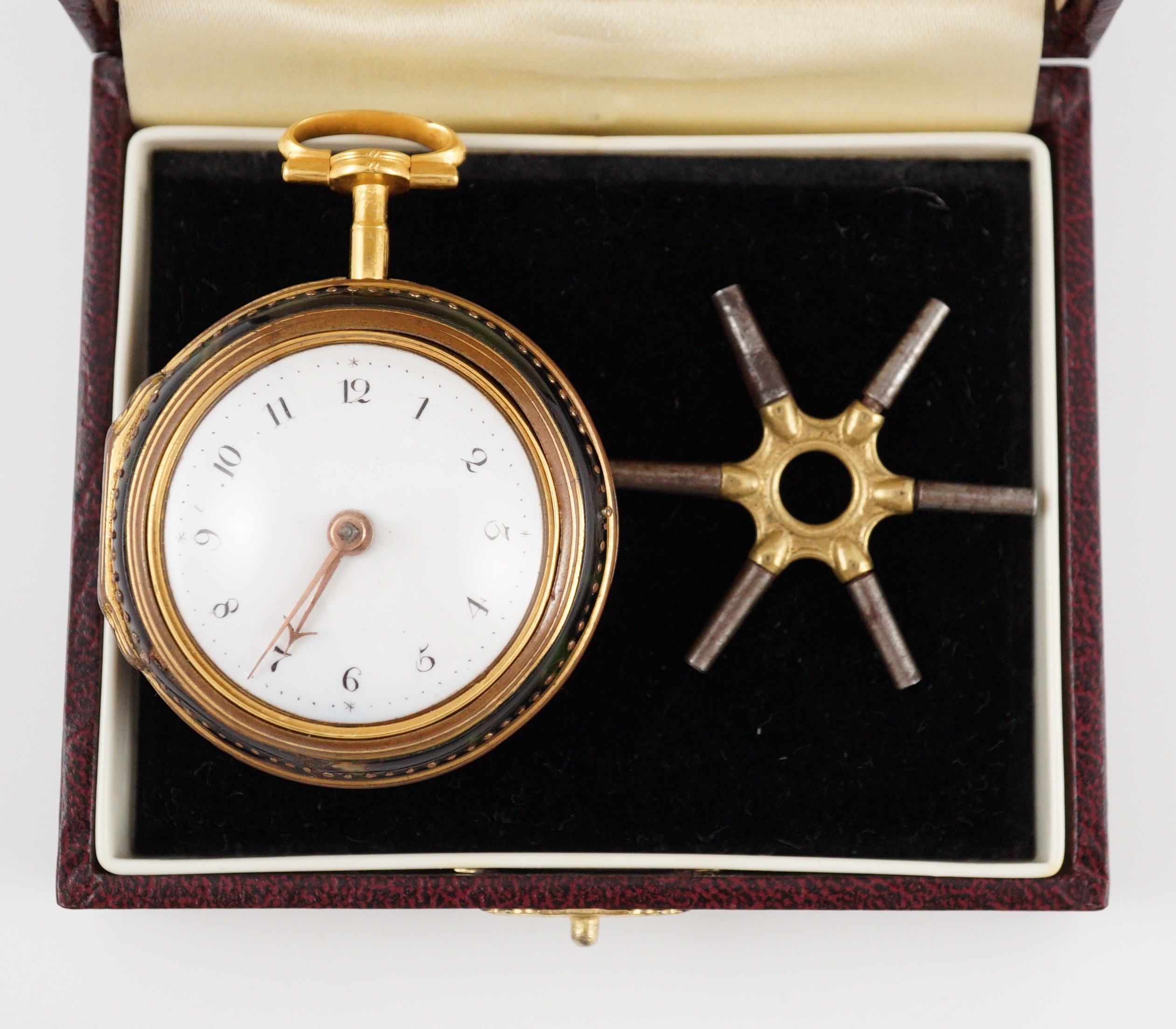 A mid 18th century gilt metal and tortoiseshell pair cased keywind verge pocket watch by Catlin, - Image 7 of 7