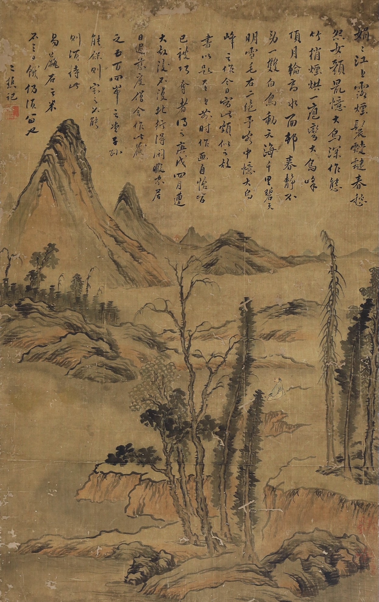 A Chinese scroll painting on silk of a sage in a mountainous river landscape, 18th/19th century,