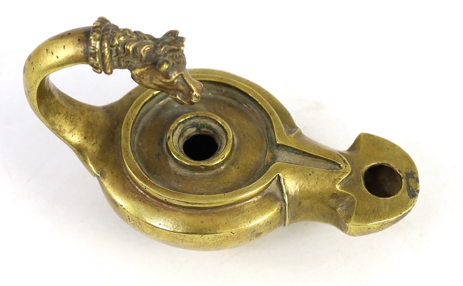 A Renaissance or Roman bronze oil lamp, the high looped handle with horse head finial, 17.5cm - Bild 3 aus 5