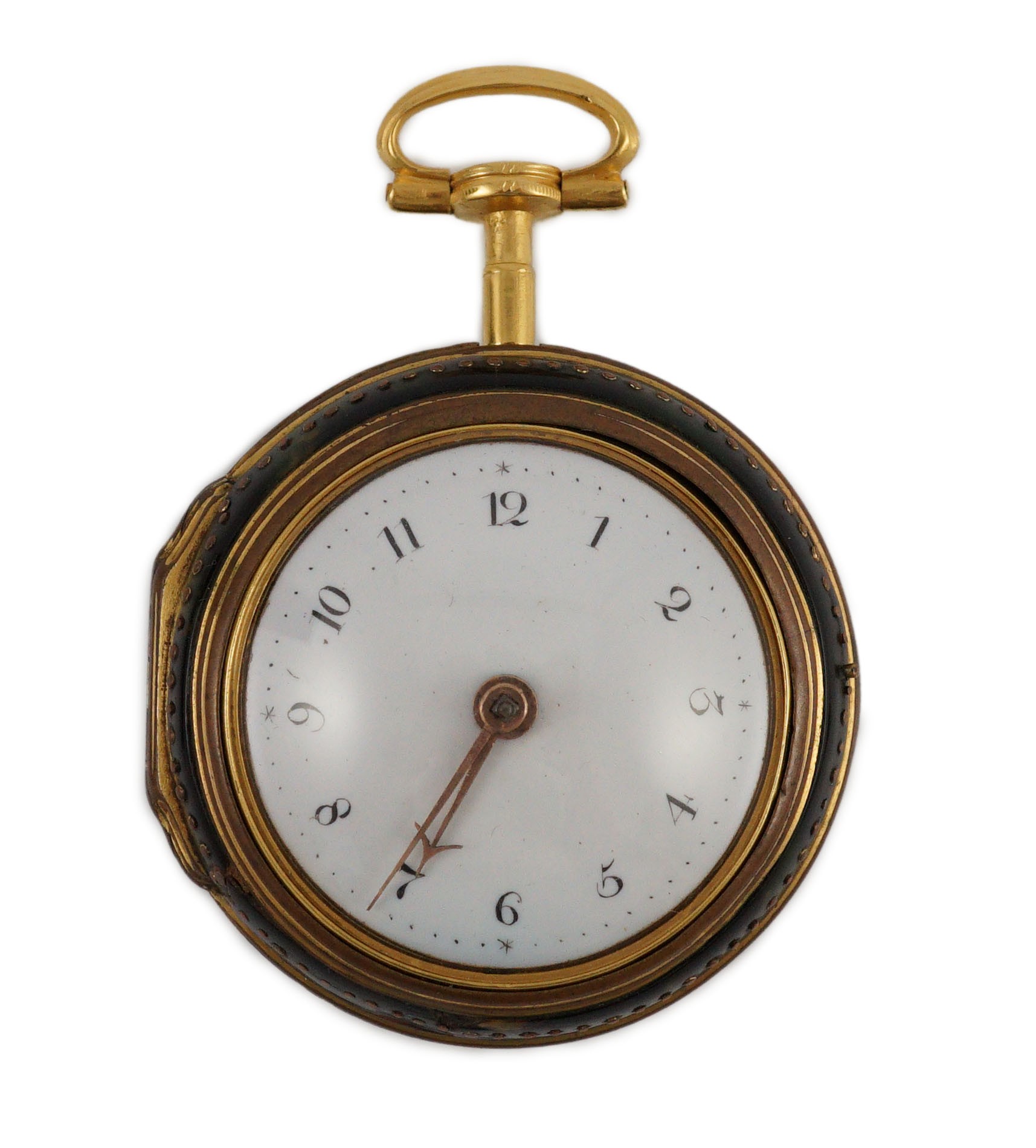 A mid 18th century gilt metal and tortoiseshell pair cased keywind verge pocket watch by Catlin,